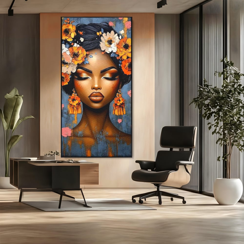 Tablou canvas cu tablou canvas cu portret de femeie si flori, in rama de aluminiu negru, pe perete intr-un birou